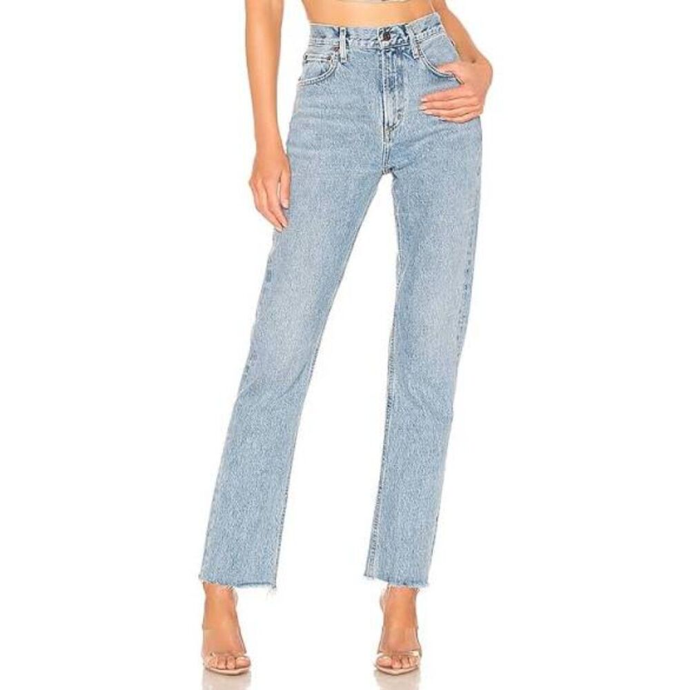 Agolde Cherie High Rise Straight Raw Hem Light Wash Denim Jeans Size 28
